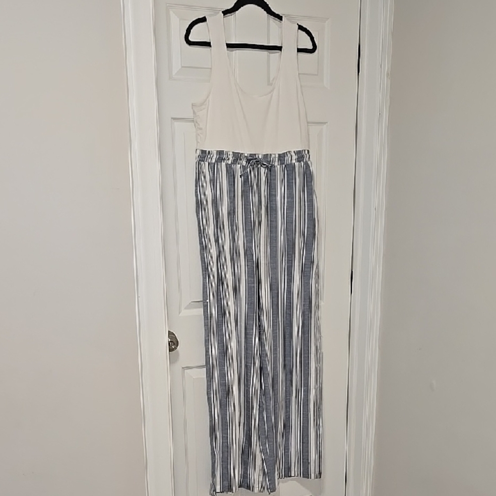 Derek Heart Blue and White Striped Jumpsuit